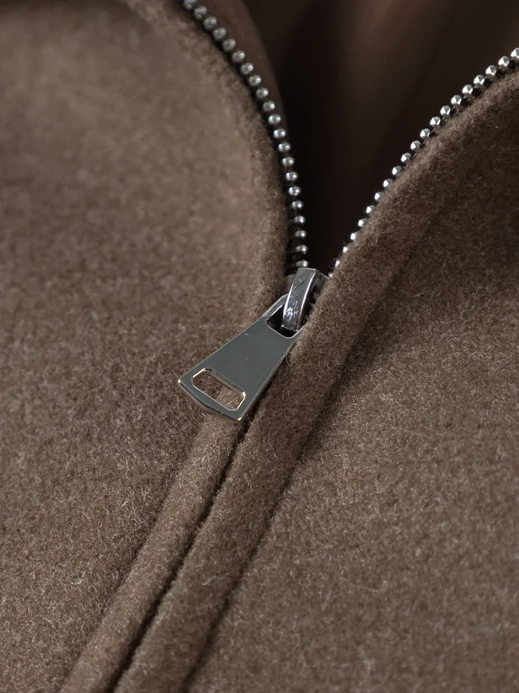 Lapel Zipper Woolen Coat Short Jacket Wool Outwear Top Casual Baggy Minimalism Elegant Cashmere Overcoat Women's Clothing Spring