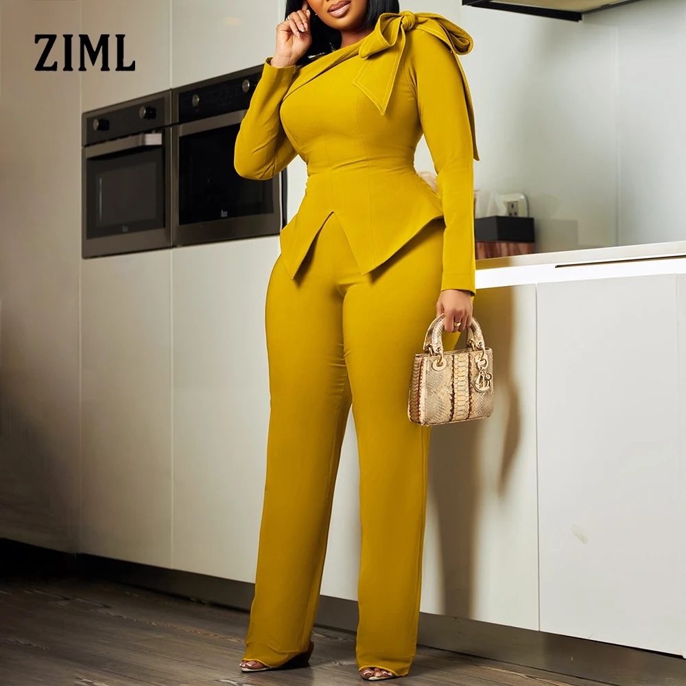 

ZIML Solid Two Piece Sets for Women Round Neck Long Sleeve Spliced Bowknot Tunic Tops High Waist Slimming Pant Chic Set Female