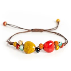 Handmade Ceramic Heart Bracelet with Adjustable Cord Boho Style 15-25cm