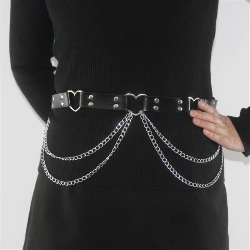 Women Gothic Punk Waist Belt Heart Buckle Studded Cowgirl Belt Multilayer Chain Tassels Dancer Costume Belt for Party Club Stage