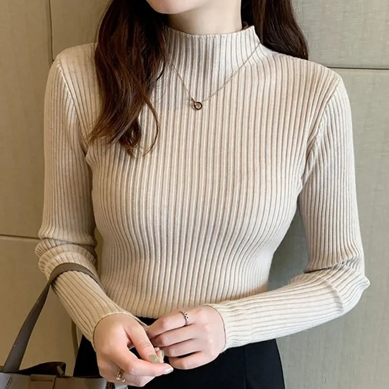 

HOT 2024 Spring Autumn Women's Sweater Turtleneck Pullover Slim Solid Blouse Sweater Bottoming Shirt Tops Jumper Soft Pull Femme