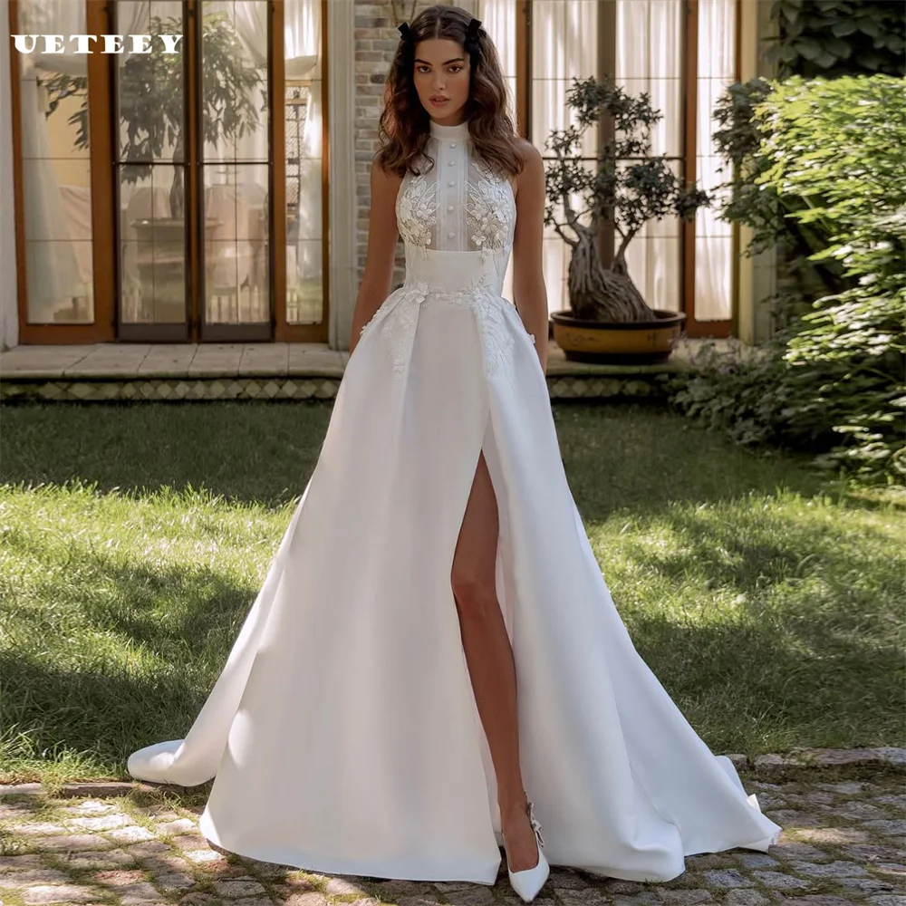

UETEEY Customized High Slit Appliques Halter Crepe Wedding Dress For Women Beaded A Line Zipper Back Court Train Bridal Gown