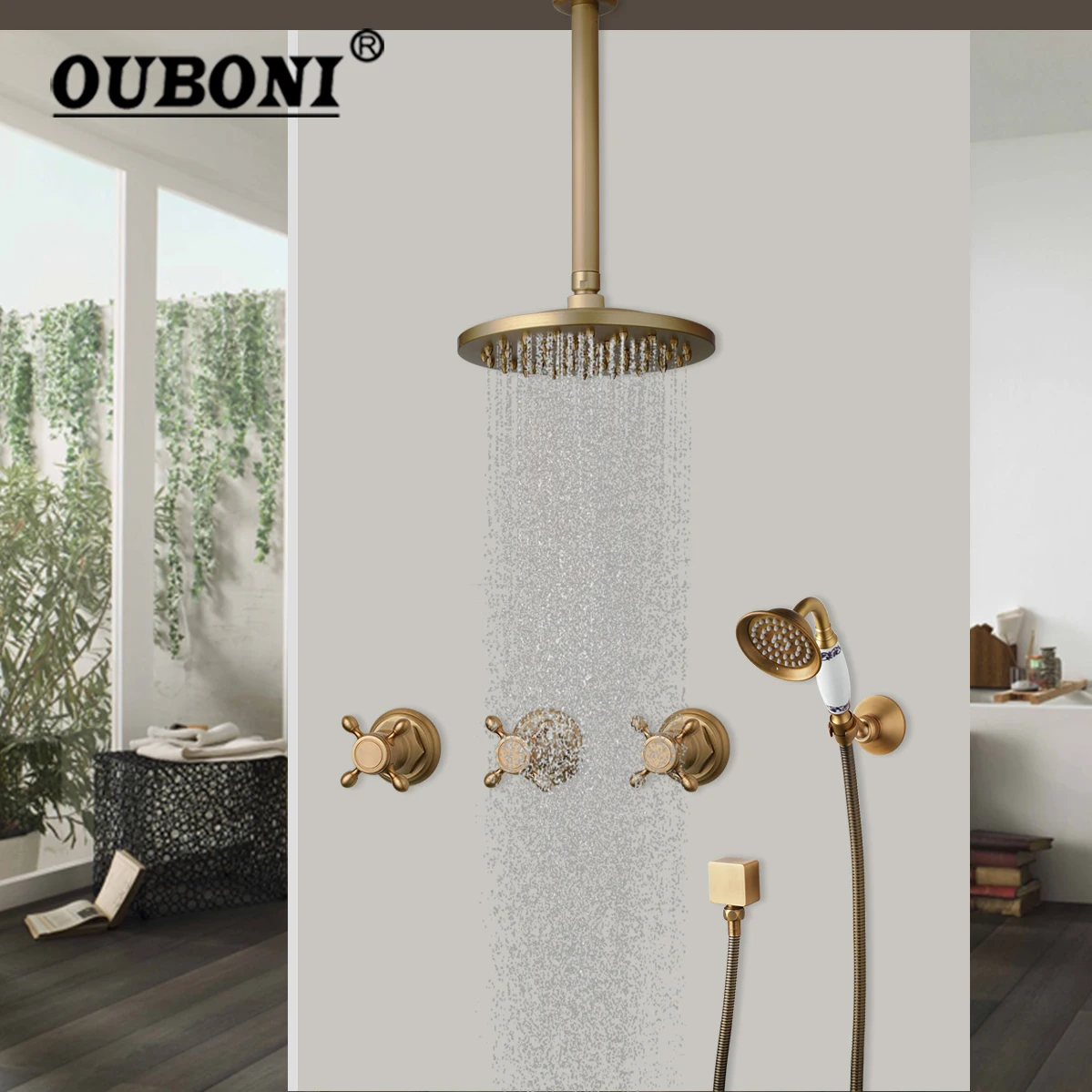 

OUBONI Antique Brass Bathroom Shower Faucet Set With Rainfall Square Shower Head And Top-Spray Hot Cold Faucet Water Mixer Taps