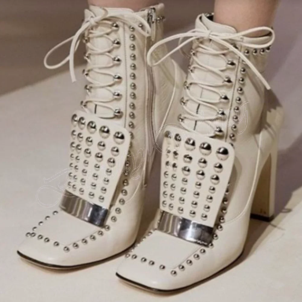 화이트 스퀘어 토 부츠 리벳 장식 사이드 지퍼 두꺼운 하이힐 여성용 하이힐 패션 2023 신상 여성용 신발
