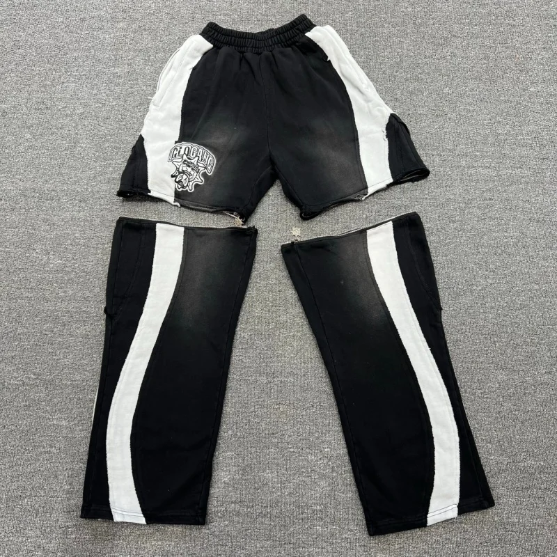 

Streetwear Convertible Cargo Pants Men Detachable Legs Striped Distressed Sweat Shorts