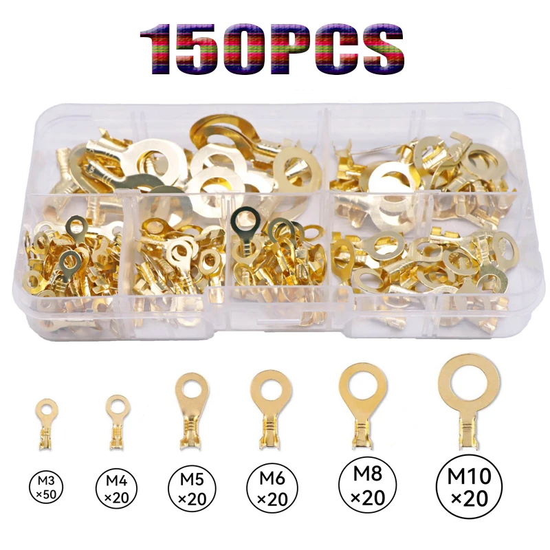 

150pcs M3/M4/M5/M6/M8/M10 Ring Lugs Eyes Copper Crimp Terminals Cable Lug Wire Connector Non-insulated Assortment Kit