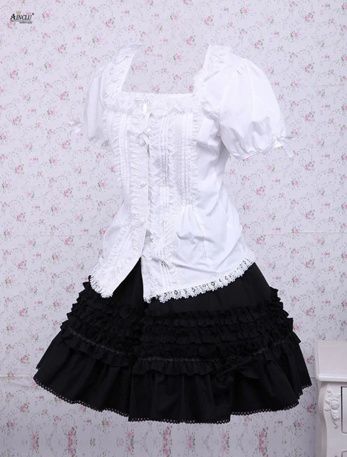 Ainclu Womens Cotton Lolita Suit Including White Short Sleeves Blouse And Black Lace Classic Lolita Skirt Free Shipping view 3