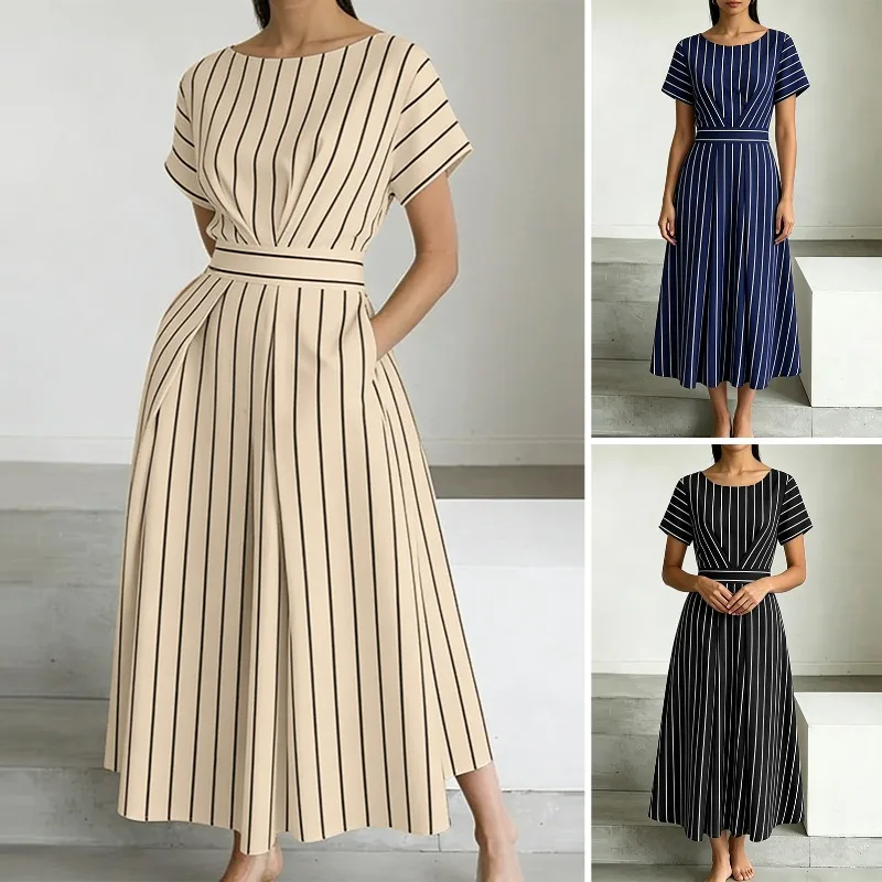 ZANZEA Stilvolles Damen-Kleid mit O-Ausschnitt und kurzen Ärmeln, gestreift, Sommerkleid, OL-Arbeitskleid, elegantes A-Linien-Midikleid mit Taille, Freizeitkleider – Detail 6