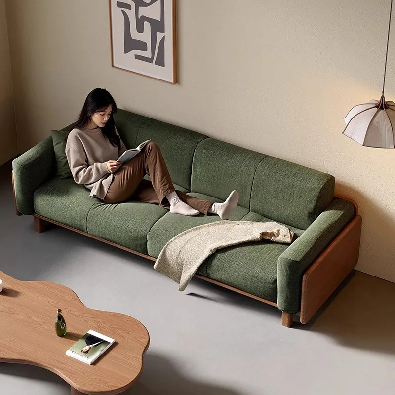ash wood, cotton and linen fabric straight row double, small apartment exquisite sofa, living room 2025 new light luxury