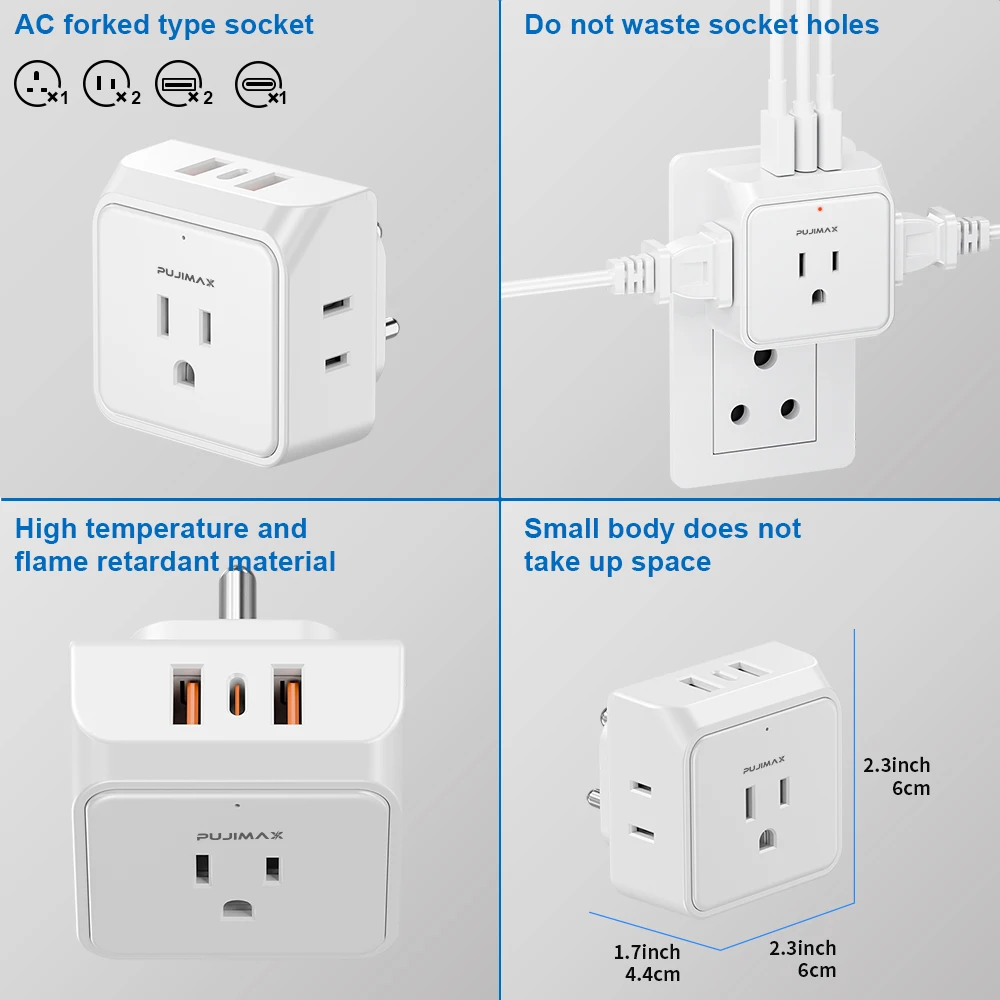 PUJIMAX US To India Power Adapter Travel Plug Adapter With 3 USB & 3 Sockets Outlet Charger Adaptor For Bangladesh Maldives Nepa