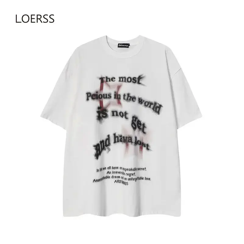 LOERSS T-shirt Letter Print Summer Short Sleeve Vintage American Hip Hop Tops Men and Women Couple Top Round Neck Oversized Tee