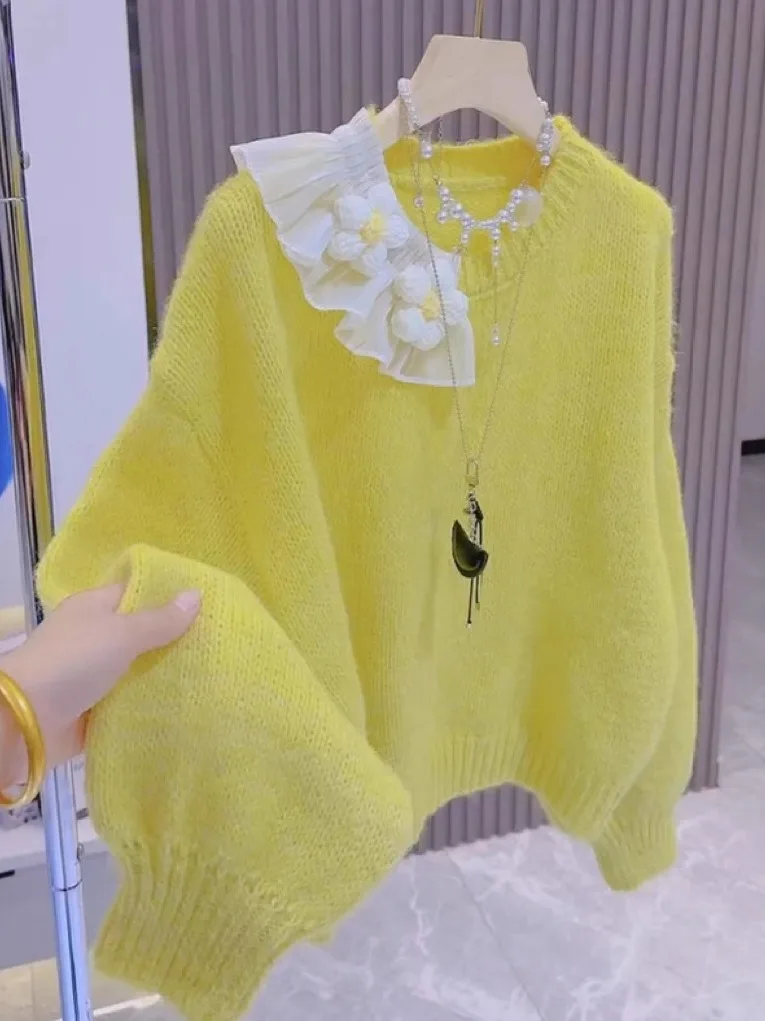 

Soft Cozy Women's Knitted round Ne Long Sve Lantern Sve Sweater Autumn Winter Large Size Lazy Sle Versatile Soft Sw...