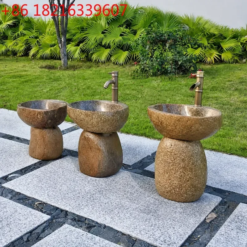 YAO Cobblestone Style Stone Wash Basin Outdoor Antique Column Sink Platform Basin for Garden Patio Decor