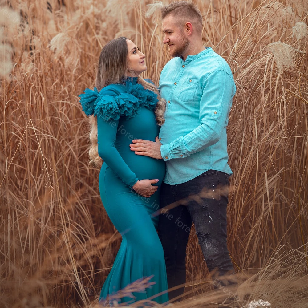 Vintage  Mermaid Maternity Dresses High Neck Long Sleeves Pregnant Gowns With Detachable Train Bathrobes for Photo Shoot