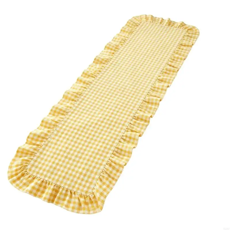 Washable Dining Table Runner, 13.8 x 70.9 In Polyester Gingham Fabric Tablecloth with Ruffle for Daily Meals, Casual Hosting