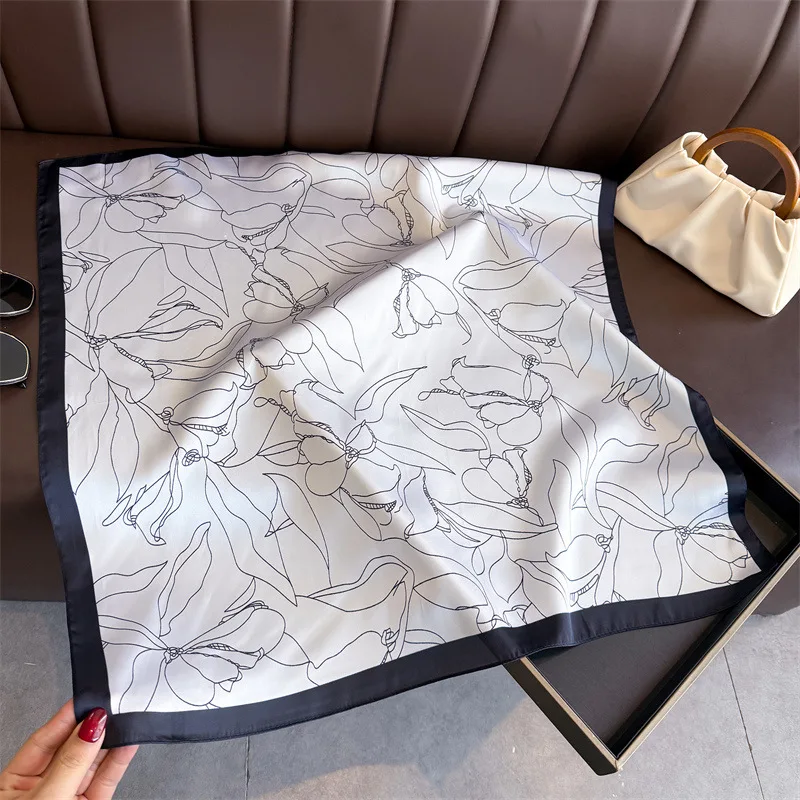 Luxuriöser quadratischer Schal mit floralen Linienzeichnungen für Damen, Seidenschals, Damen-Bandanas, Hijab, Halstuch, eleganter Schal für Reisen – Detail 10