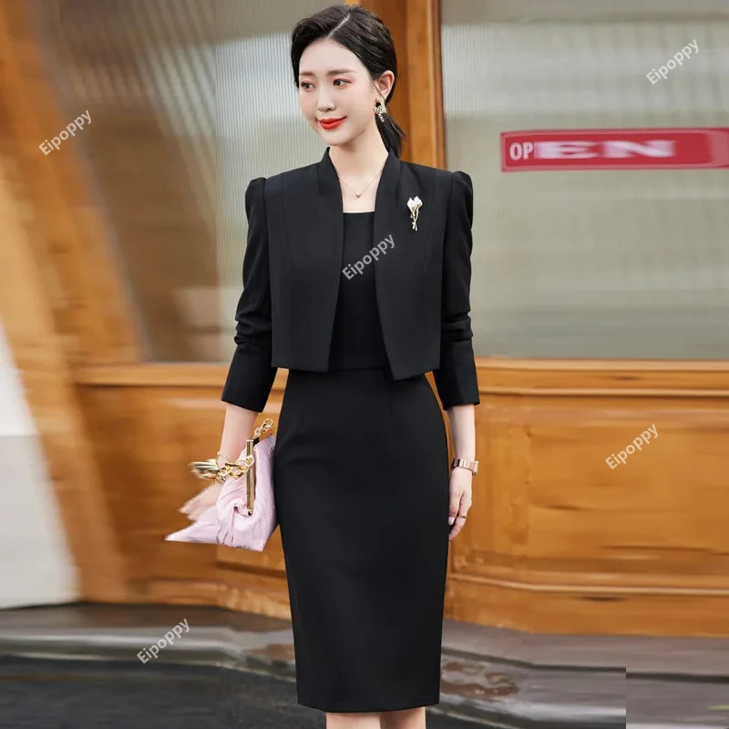 

2024 Women Business Suit 2 Piece Set Blazer Coat and Dress Formal OL Styles Professional Office Lady Black Elegant Blazers Sets