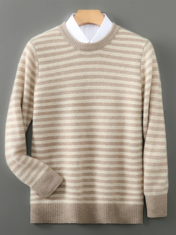 100% Merino Wool Men's Round Neck Casual Fashion Horizontal Stripe Top Autumn Winter Pullover Wool Sweater