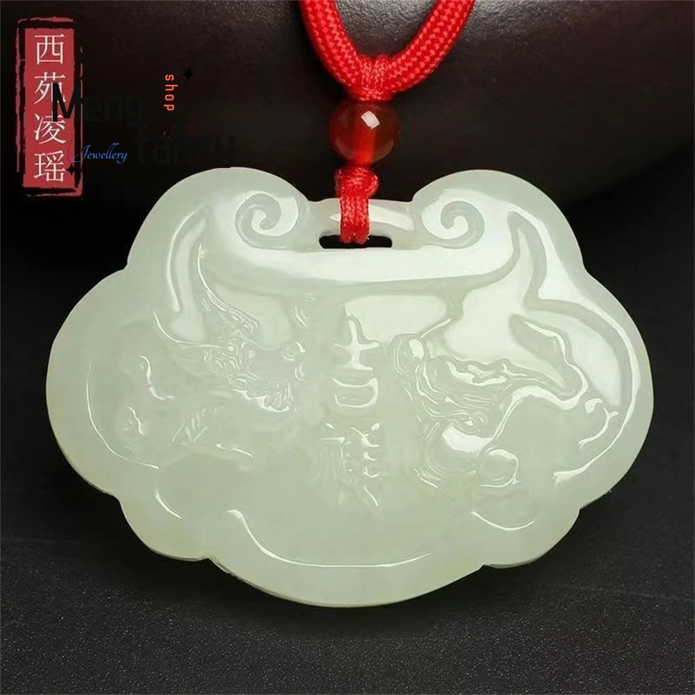 Natural Hetian Jade Long Life Lock Pendant Dragon and Phoenix Children Simple Exquisite Mascots Best Selling Luxury Fine Jewelry