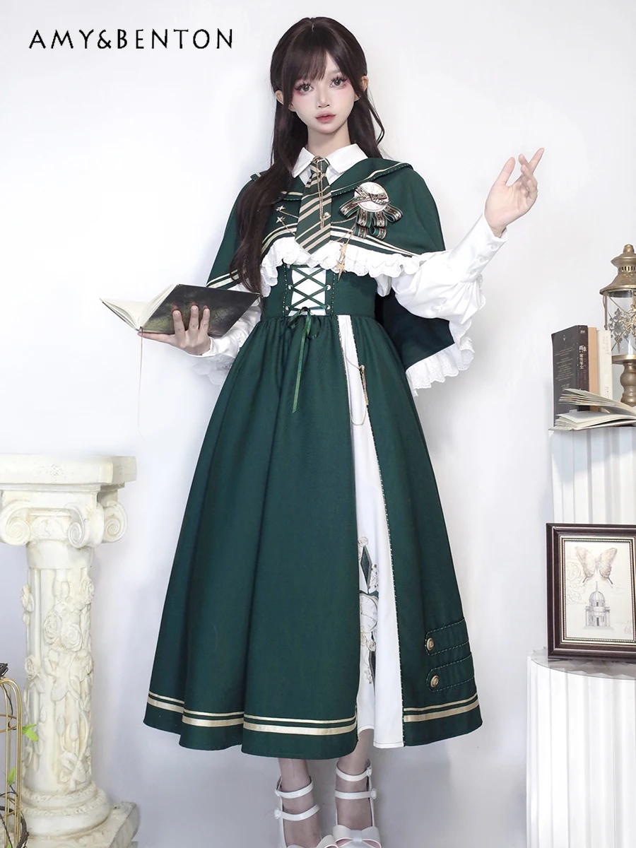 

Time Traveler Lolita Dress Japanese Sweet Long Sleeve Shirt Cape Coat High Waist Slim Skirt Outfits Spring New Kawaii Skirt Sets