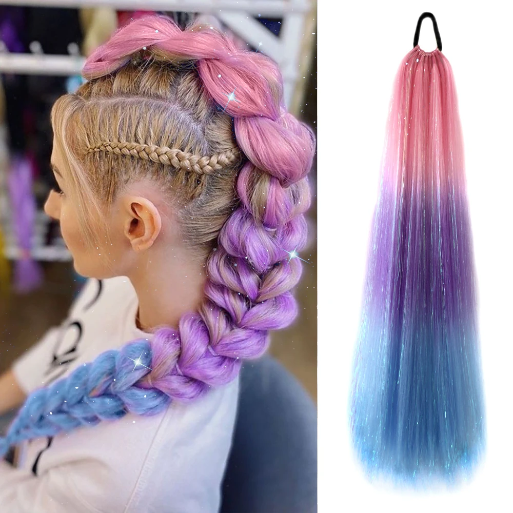 

26-дюймовый разноцветный синтетический хвост-шиньон омбре с резинкой и блестками для плетения кос, для музыкальных фестивалей, рейвов, причёсок в стиле Crazy Hair, 9 прядей/шт.
