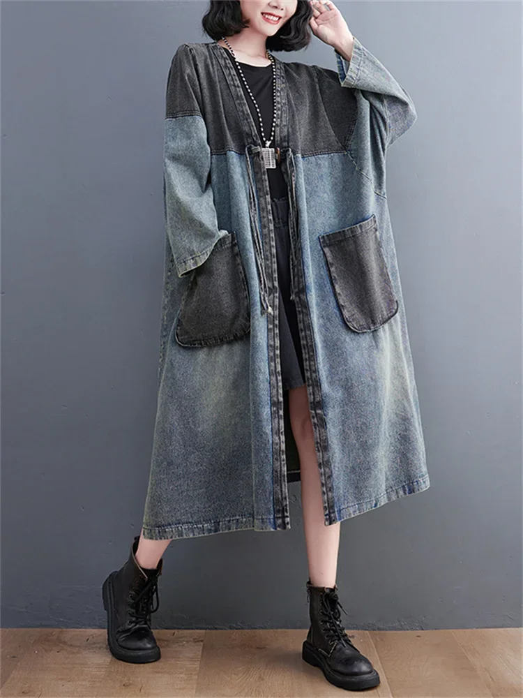 Oversized Fashion Spring Autumn Vintage Loose Cardigan Jear Long Trench Korea New Ladies Womens Casual Big Size Blue Denim Coat