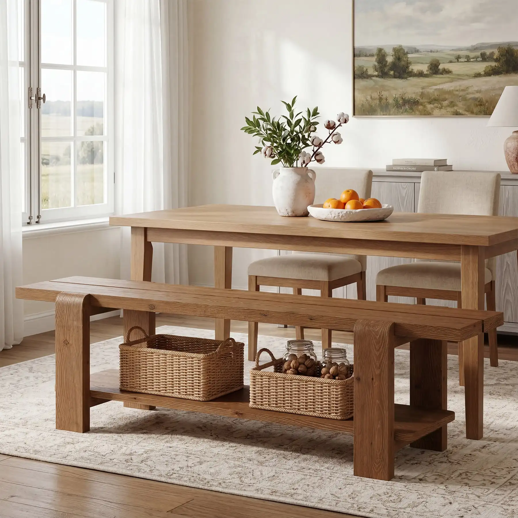 63" Solid Wood Dining Bench, Rustic Kitchen Bench with Storage Shelf