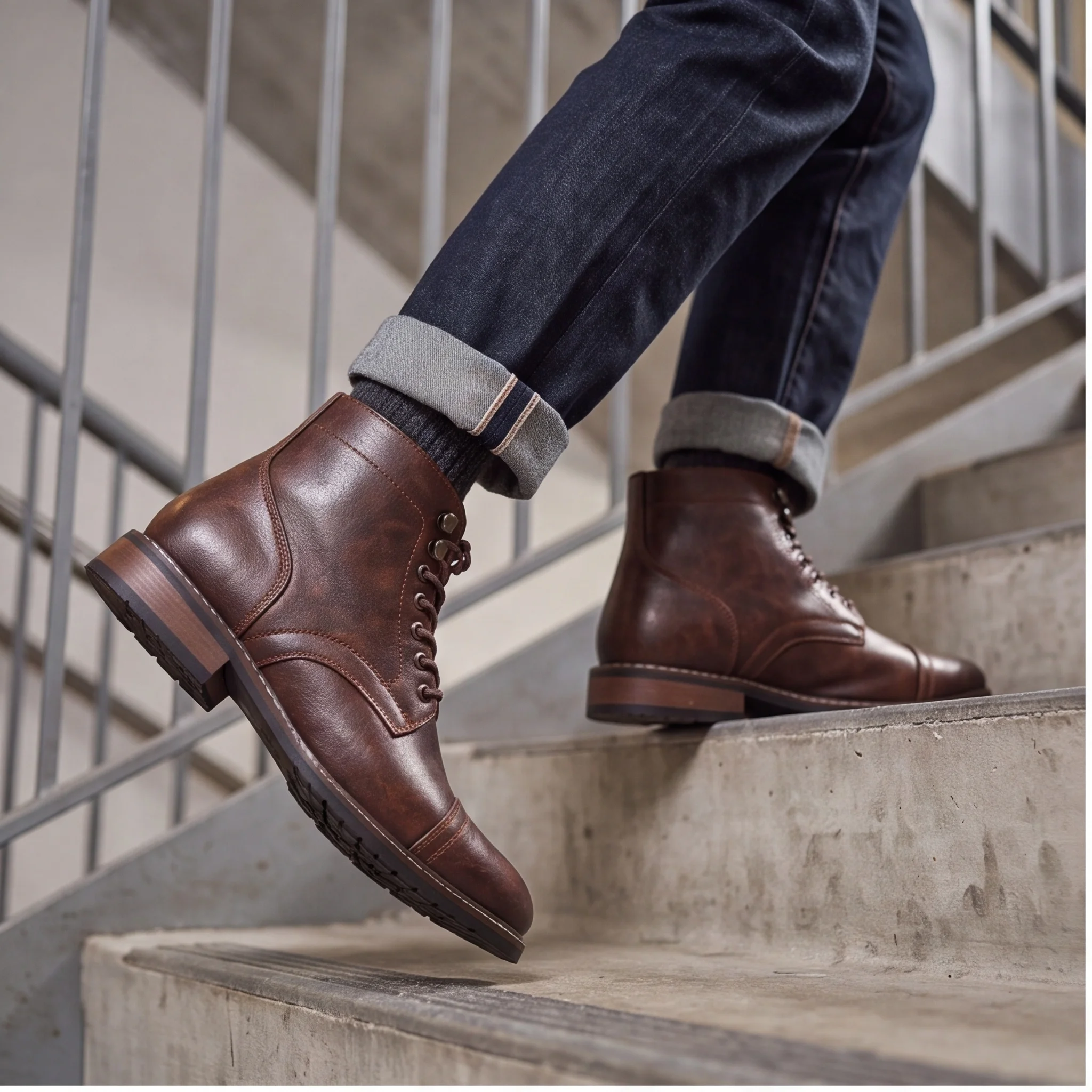 Men's Boots Low Block Heel With Dark Tread Boots For Man Smart Casual Men Boots Ankle-High Shaft Cap-Toe Seam