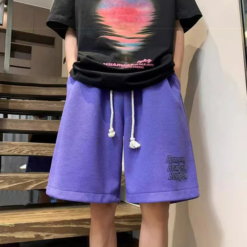 

2025 Summer Drawstring Waffle Baggy Shorts For Men Letter Printed Casual Gym Bermudas American Hip Hop Fashion Y2K short homme