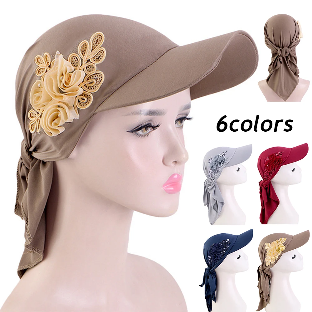 Glitter Flower Muslim Hijab Turban Baseball Hat For Women Headscarf Solid Color Sun Visor Hat Summer Outdoor Brim Sunshade Hats