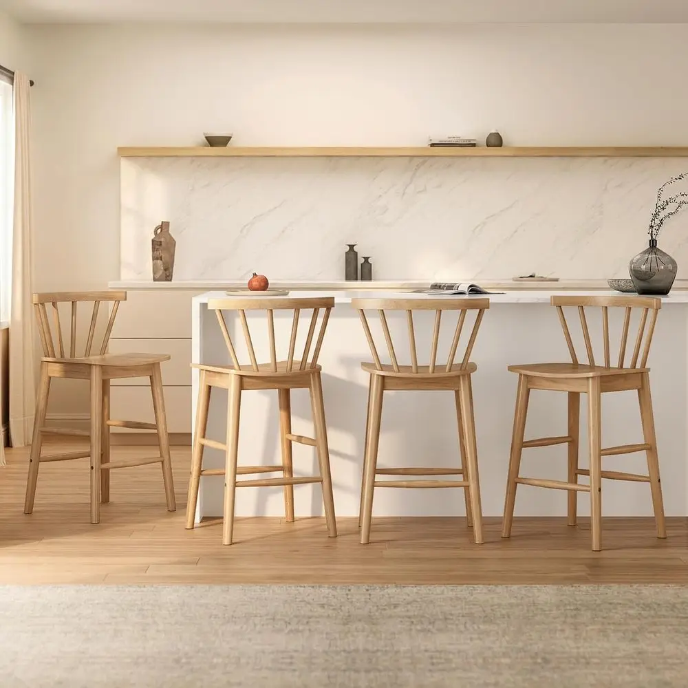 

Set of 4, 24 Light Brown Wooden Bar Stools with Backrest and Footrest for Kitchen Island or Pub Dining