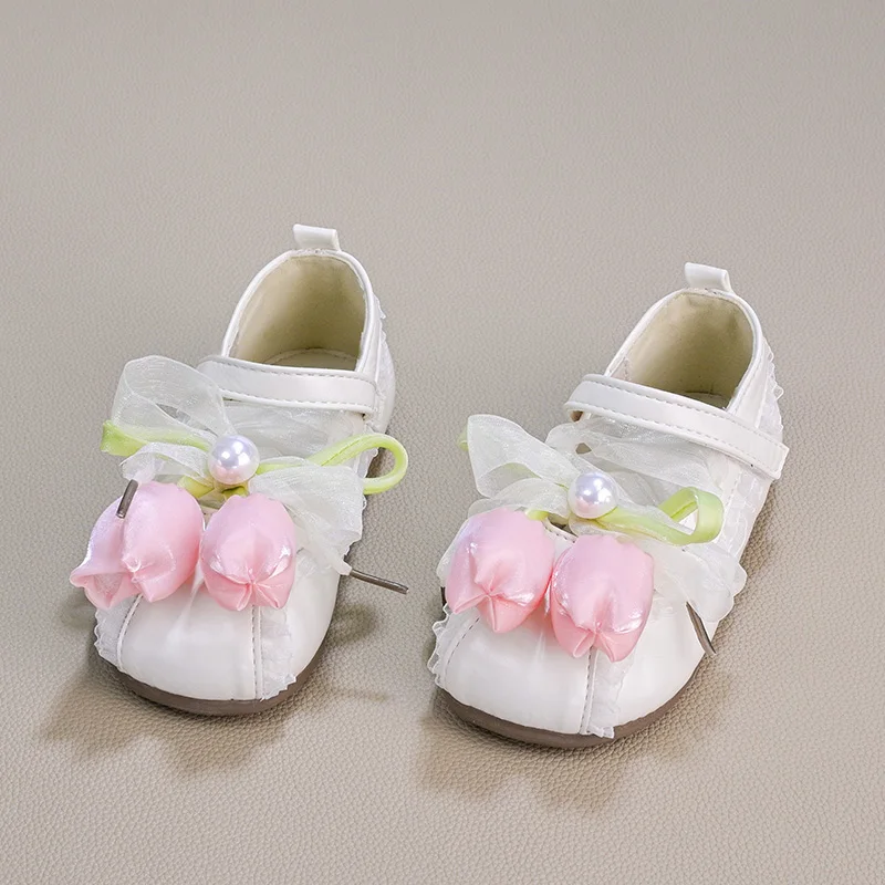 

Girl Flower Mary Jane Shoes Lace Chic Children's Leather Shoes for Daily Wear Lightweight Non-Slip Kids Flat Shoes Wedding Party