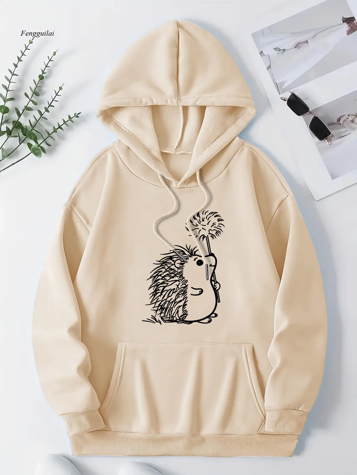 هوديي كاجوال من البوليستر مع طباعة قنفذ لطيفة - سويت شيرت بقلنسوة بأكمام طويلة مع جيوب، نمط حيوانات كرتونية #4