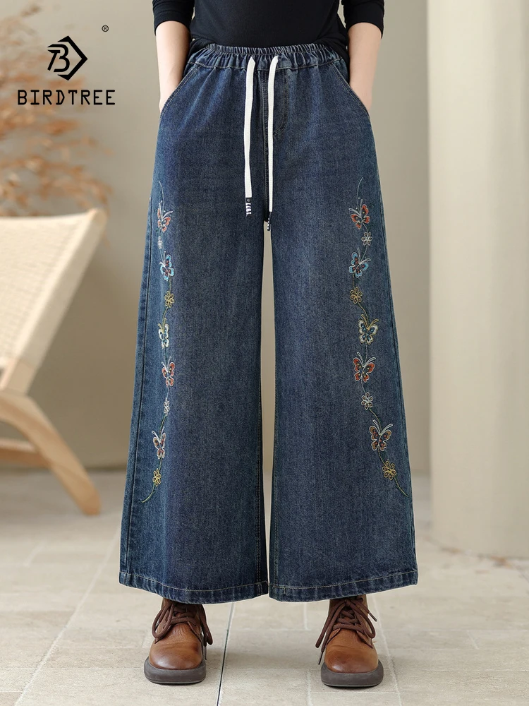 

Новые осенние джинсовые хлопковые джинсы 2025 года, женские винтажные свободные широкие брюки с эластичной резинкой на талии и вышивкой бабочки Mori Girl B59657CC