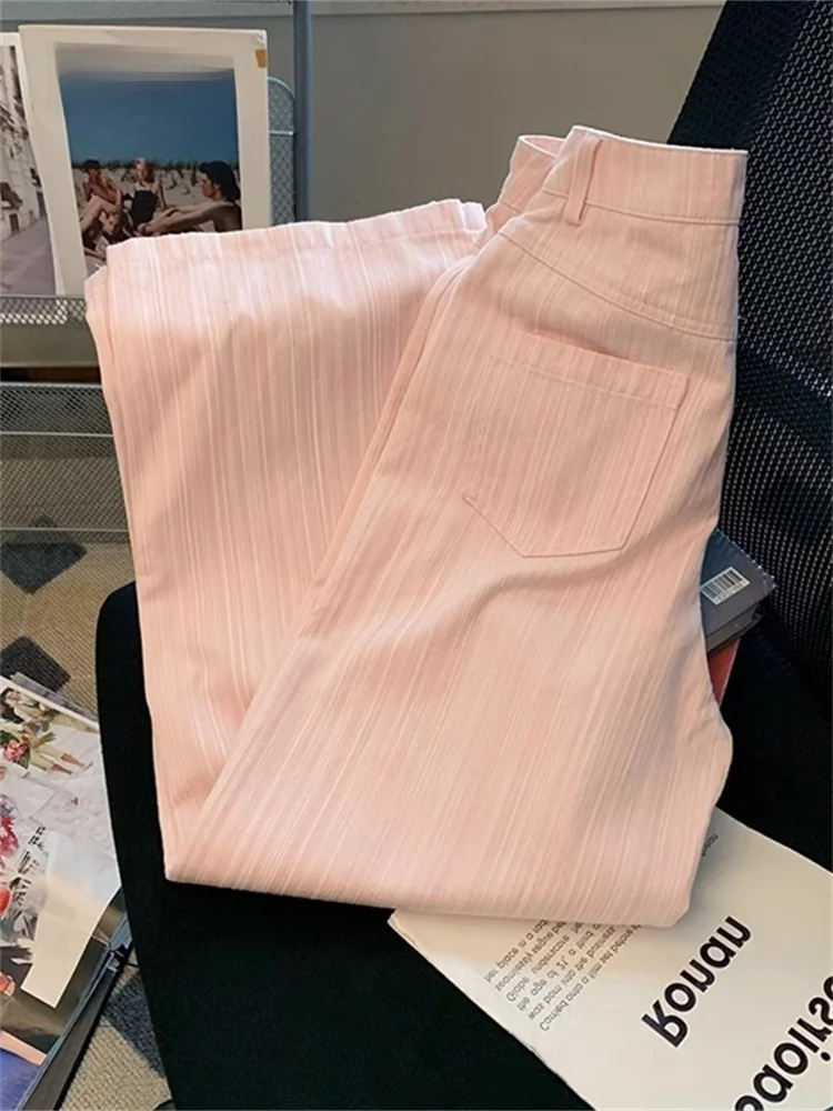 

High Waist Straight Leg Thin Denim Jeans ex Spring Autumn Casual Pants Pink Stripes Wide Leg Dopne Faion