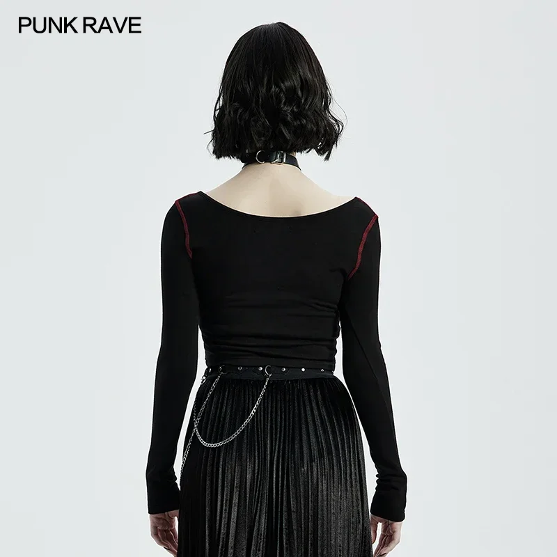 Maglietta nera a maniche lunghe PUNK Crop da donna Punk RAVE moda gotica quotidiana Kinny Square occhielli decorazione Top corto