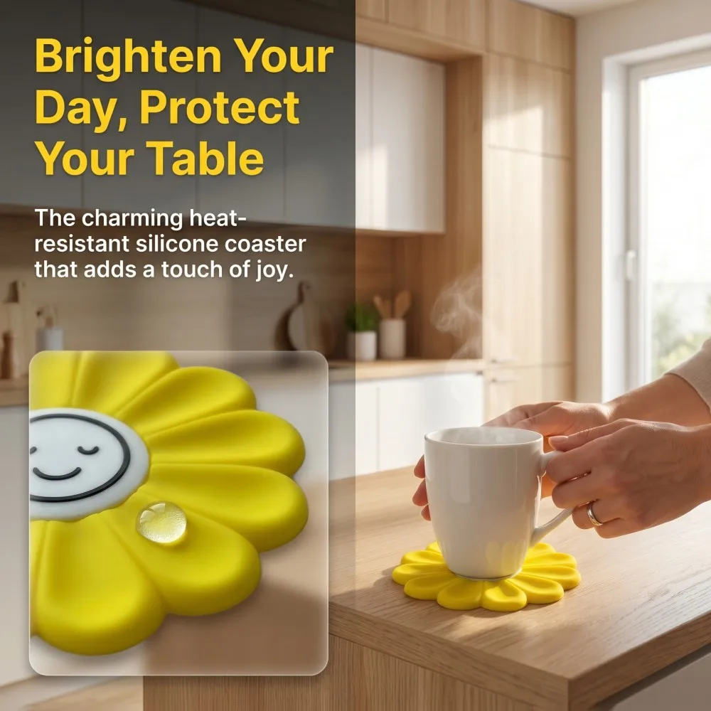 1 Stück Untersetzer mit Smiley-Gesicht und Sonnenblumenmuster, Mini-Untersetzer, tragbarer, langlebiger und niedlicher Silikon-Untersetzer, hitzebeständiger Untersetzer und dicke Isoliermatte für