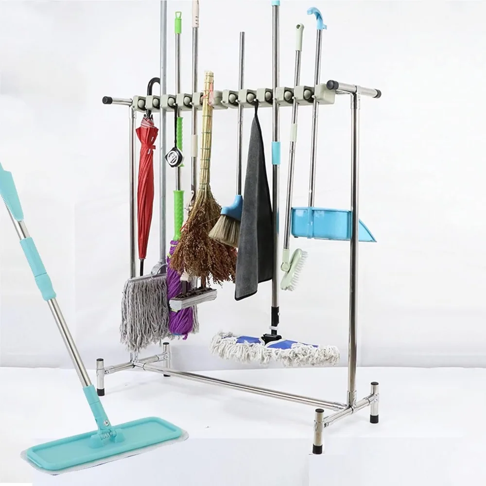 حامل ممسحة ومكنسة تجارية من الفولاذ المقاوم للصدأ - رف تخزين قائم على الأرض لمستلزمات التنظيف ومنظم أدوات الحدائق