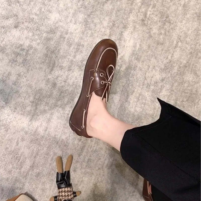 Women\'s Loafers Shoes Genuine Leather High Quality Round Toe Soft Bottom Flat Shoes Lace Up Breathable Ladies Casual Shoes 2026
