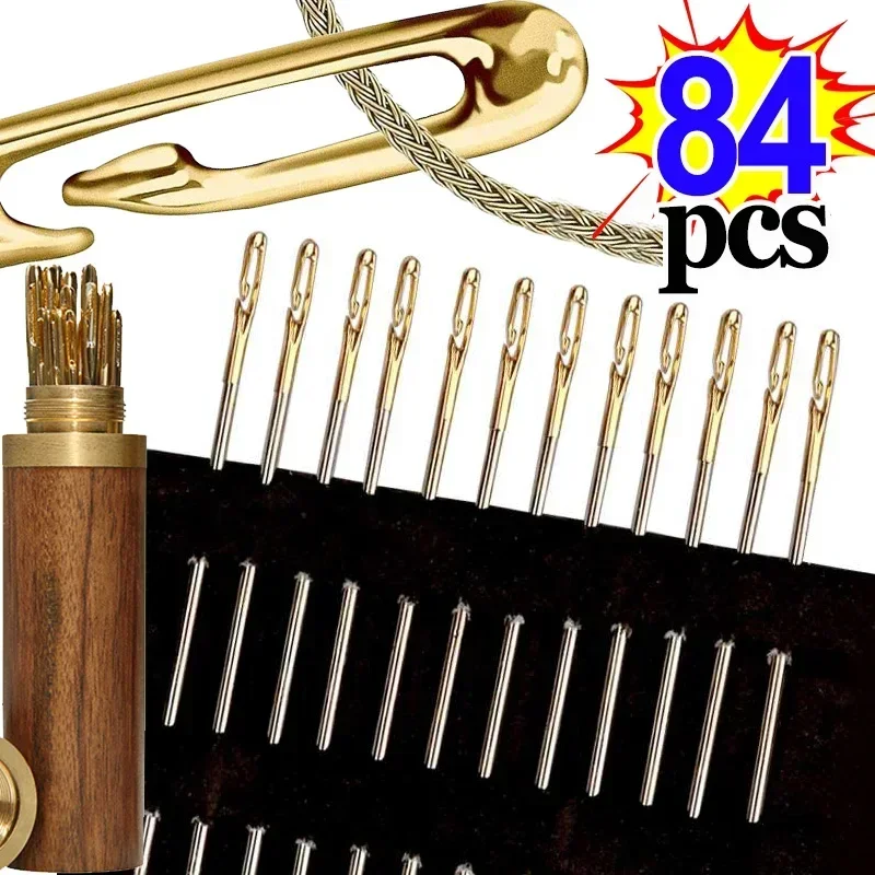 84pcs with Box Blind Sewing Needle Elderly Stainless Steel Quick Self-Threading Needles Stitching Pins DIY Punch Needle Threader