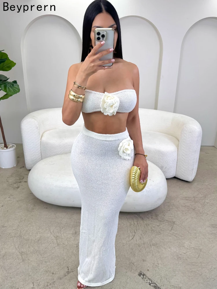 

Beyprern Tropical Crochet Skirt Set Two-Piece Dress Holiday Outfits Womens 3D Flower Knitted Crop Top And Skirt Set Beach Suits