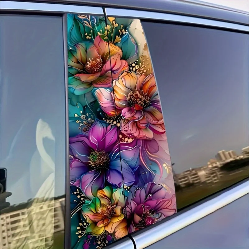 2 pieces of bright flower B-pillar protective stickers, easy to tear and easy to stick PVC door post stickers, colorful flower