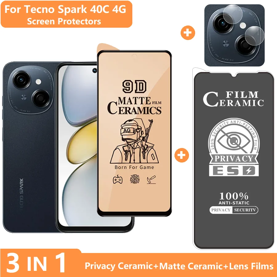 

3-in-1 For Tecno Spark 40 40pro 40C Screen Protector Spark 40C Privacy Film Tempered Glass +Lens Film + Matte Film Anti Scratch