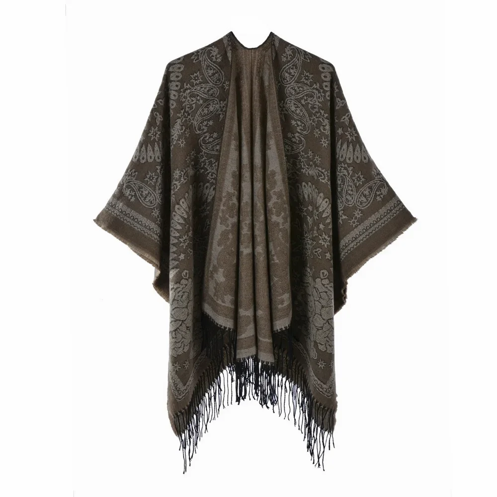 

Autumn Winter Split Knitted Shawl Tassel Double Sided Split Women Imitation Cashmere Poncho Lady Capes Khaki Cloaks