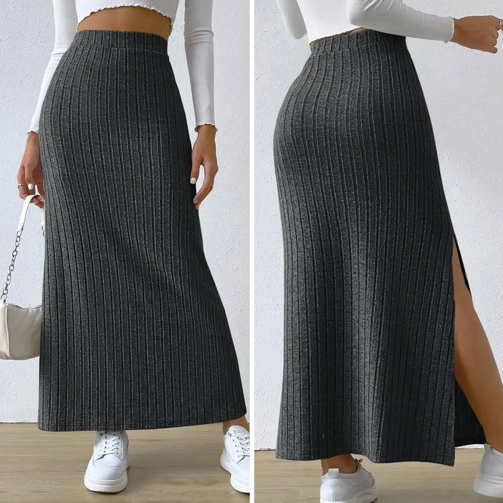 Saia maxi de malha de cintura alta para mulheres, comprimento do tornozelo, saia listrada com bainha dividida, elegante e quente, elegante