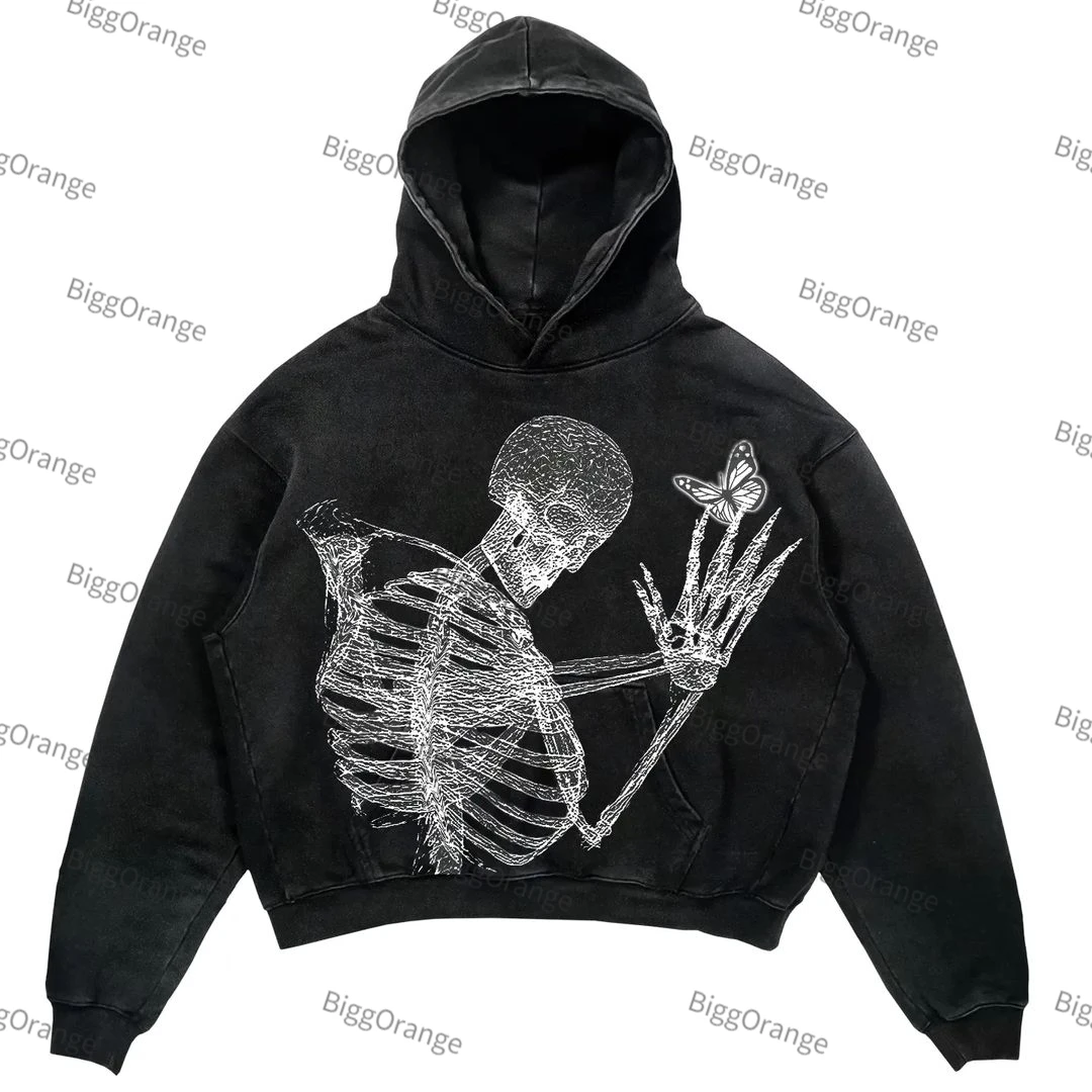 

Skull print sweater street hip-hop fashion loose gothic sweater autumn and winter men and women retro oversized anime hoodie