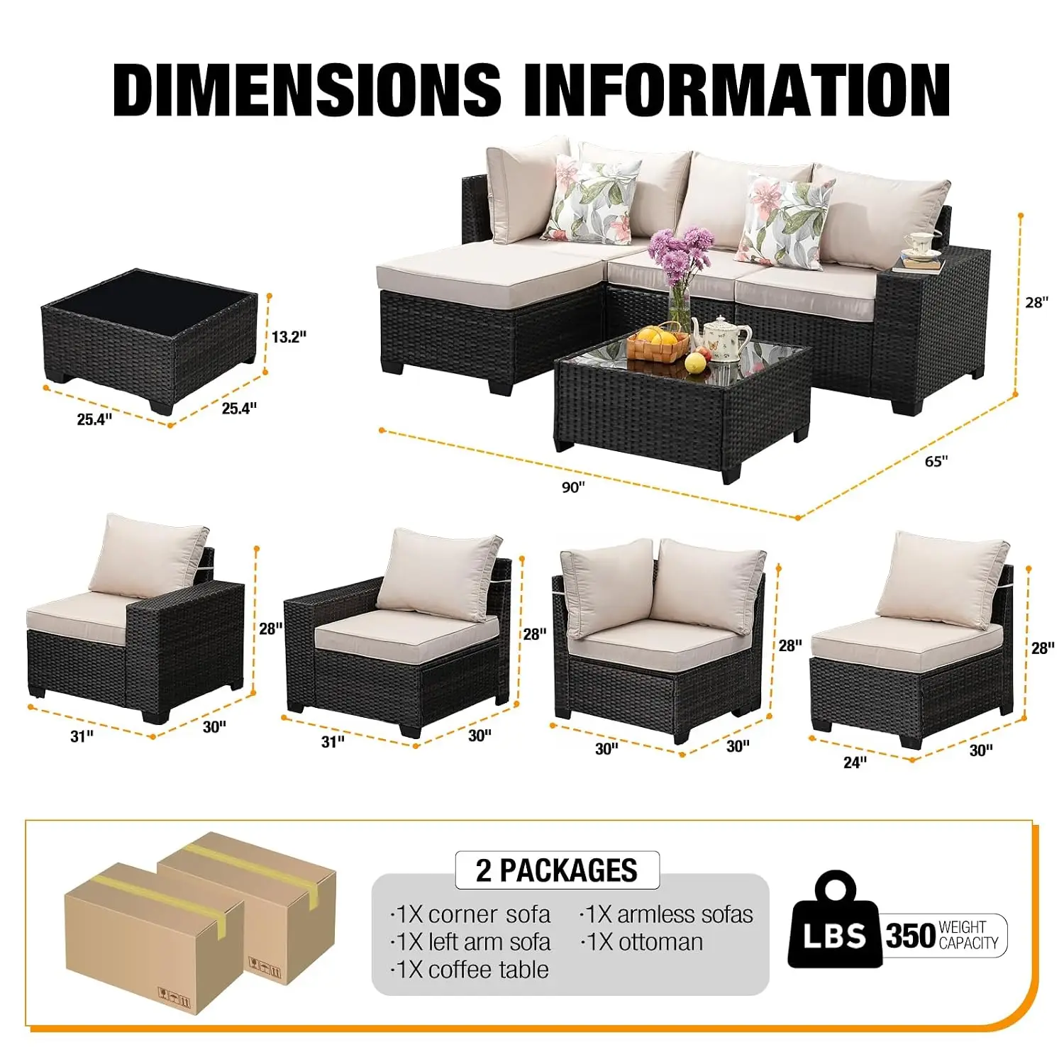 5-Piece All-Weather Wicker Patio Sectional Sofa Set with Cushions, Glass Table & Ottoman for Porch, Beige, Customized