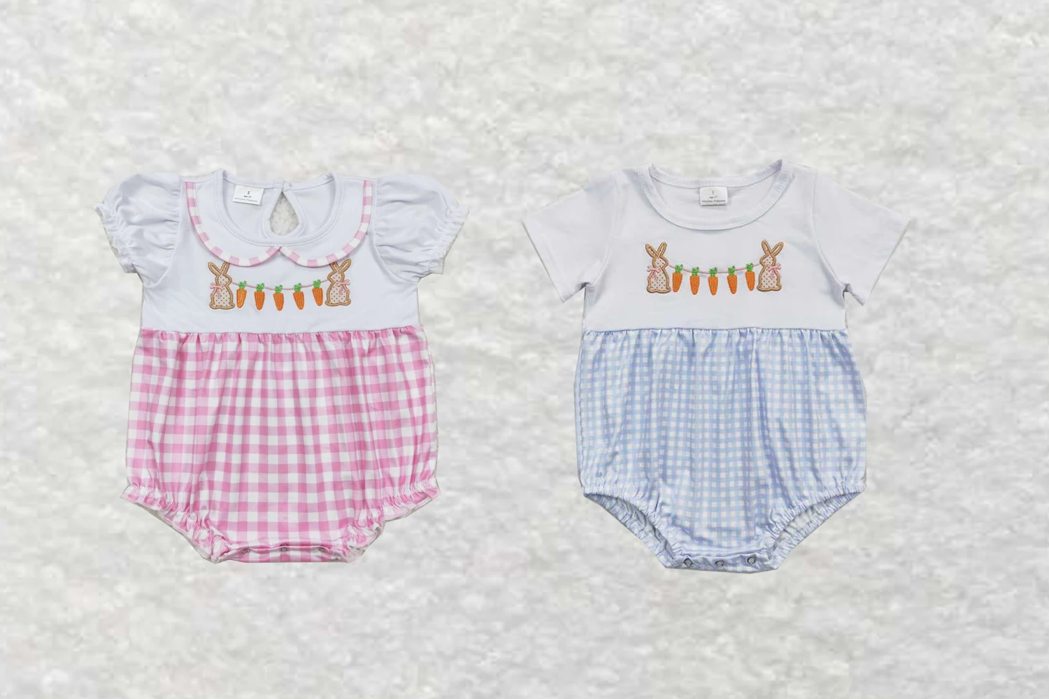 

Wholesale western baby kids newborn children toddler clothes Embroidered bunny carrot pink-white checkered short-sleeved onesies