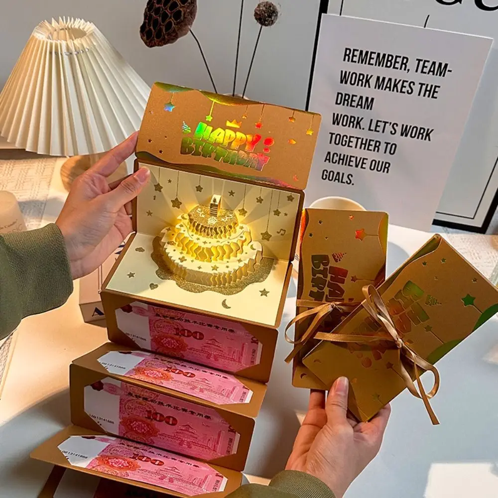 3D Pop-Up Geburtstagskarte Roter Umschlag 6 Kartenfächer Gold Musikalische Leuchtende Grußkarte Faltbar