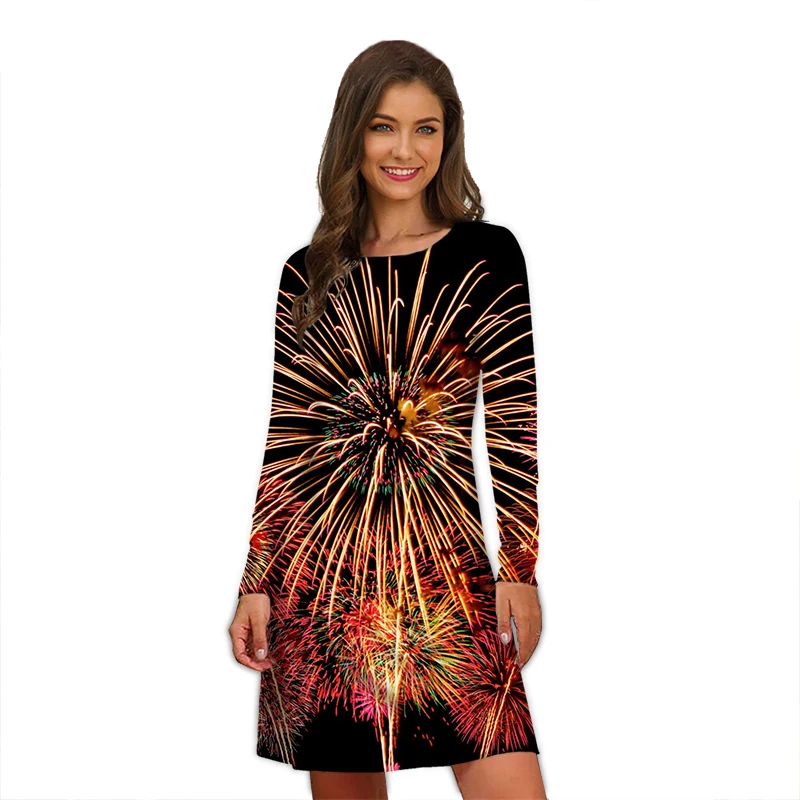 المرأة الألعاب النارية طباعة فستان حفلة ، فساتين طويلة الأكمام ، المتضخم ، عادية ، نمط الشارع ، الموضة ، أنيقة ، الخريف ، الشتاء #3